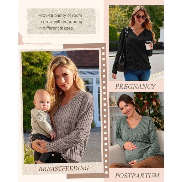 3 Pack Oversized Women's Maternity Nursing Tops Vneck Cozy Long Sleeve - Picture 4 of 6